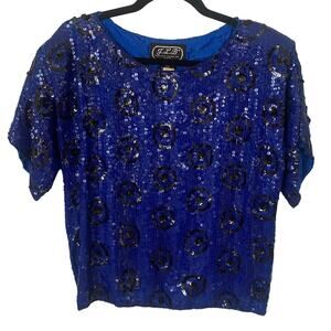 VTG J.L.B. Blue and Black Sequin Blouse 

Silk Lining SZ M Dolly Parton 80s NWT